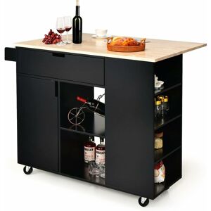 Ilot Central Cuisine Comptoir en Bois de Caoutchouc Pliable, Desserte à Roulettes Porte-serviettes Porte-épices 124x76x92cm Noir - Costway - Publicité