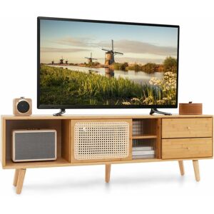 Costway - Meuble tv en Bambou avec 2 Tiroirs 4 Compartiments, Banc tv à 5 Pieds, 2 Portes Coulissantes en Rotin et Verre Trempé, pour tv 65' au Max, Style Bohême Naturel(140x31x45,5cm) - Publicité