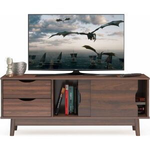 Costway - Meuble tv Moderne, Meuble de Rangement pour Console tv jusqu'à 152,4 cm à Écran Plat, avec 2 Tiroirs, 2 Portes Coulissantes et Trou de Gestion des Câbles, Vitrine pour Salon, Chambre, Noyer - Publicité