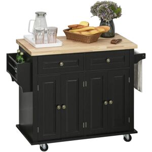 HOMCOM Desserte de cuisine multi rangements 2 tiroirs 2 placard 2 portes avec étagère range-bouteille porte-torchons mdf noir hévéa - Noir - Publicité