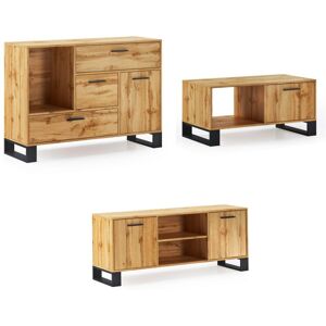 Skraut Home - Ensemble Buffet + Meuble tv + Table Basse pour Salon - Finition Rustique Chêne/Noir - multicolore - Publicité