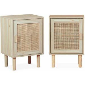 SWEEEK Lot de 2 tables de chevet en cannage et décor bois - Camargue - 40x30x58cm. 2 niveaux. 1 porte. pieds droits - Naturel - Publicité