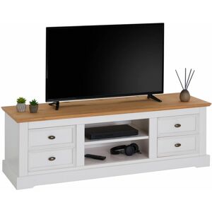 Idimex Meuble tv kent banc télévision en pin massif lasuré blanc et brun 144 x 46 x 45 cm, avec 4 tiroirs et 2 niches - Blanc/Brun - Publicité