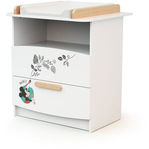 AT4 - Commode à langer 2 tiroirs, 1 niche en bois DISNEY Doodle Zoo Mickey Blanc et Hêtre - Blanc et Hêtre - Publicité