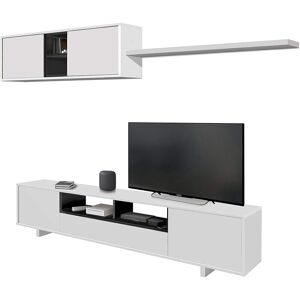 Pegane - Meuble tv avec 3 portes et 1 Niche de rangement coloris blanc brillant / gris anthracite - H46 x L200 x P41 cm - Publicité