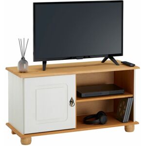 Idimex - Meuble tv belfort banc télé de 94 cm en bois avec 1 porte et 2 niches, en pin massif lasuré blanc et brun - Blanc/Brun - Publicité
