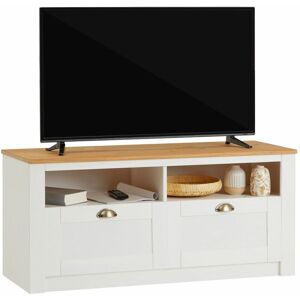 Idimex - Meuble tv bolton 2 tiroirs de rangement, meuble télé design campagne en pin massif blanc et brun - Blanc/Brun - Publicité