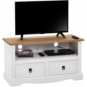 Idimex Meuble tv campo banc télévision en pin massif blanc et brun avec 2 tiroirs et 1 niche, meuble de rangement style mexicain en bois - Blanc/Brun - Publicité