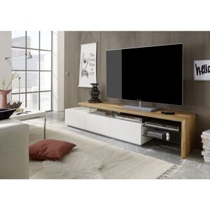 Meuble tv en blanc mat et chêne massif avec 3 tiroirs - L204 x H40 x P40 cm Pegane - Publicité