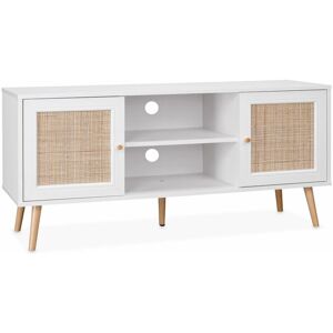 Sweeek - Meuble tv en cannage 120x39x56.5cm - Bohème - Blanc. 2 niveaux. 2 étagères. 2 portes. pieds scandinaves - Blanc - Publicité