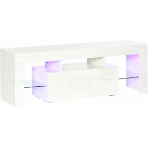 HOMCOM Meuble TV LED style contemporain - grand tiroir, niche, 2 étagères verre - panneaux particules MDF blanc laqué - Publicité