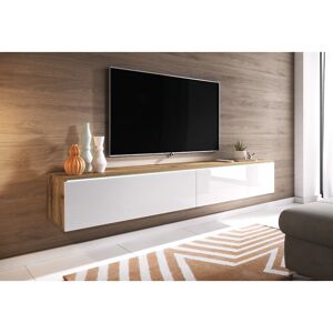 BRATEX Meuble tv Lowboard d 180 cm, meuble tv avec éclairage led, meuble tv suspendu, couleur wotan/blanc brillant - Publicité