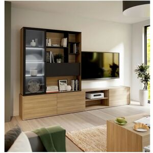 Sans Marque - Meuble tv mural suspendu ulezza : Meuble tv 3 portes + Etagere - Eclairage inclus - Décor noir et chene - L304 x P42 x H200 cm - Publicité