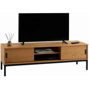 Idimex Meuble tv selma banc télé de 145 cm au style industriel design vintage avec 2 portes coulissantes, en pin massif teinté brun clair - Brun clair - Publicité