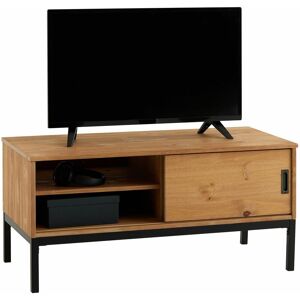 Idimex Meuble TV SELMA banc télé de 98 cm au style industriel design vintage avec 1 porte coulissante, en pin massif teinté brun clair - Brun clair - Publicité