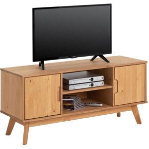 Idimex - Meuble tv tivoli banc télé de 114 cm design vintage scandinave nordique 2 portes et 2 niches, en pin massif finition bois teinté - Brun - Publicité