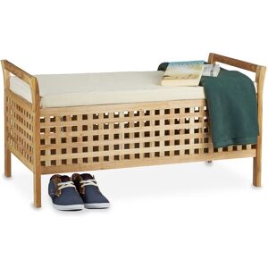 Banc de rangement spacieux, bois, coussin en lin, h x l x p : 46,5 x 92,6 x 49 cm, nature et blanc - Relaxdays - Publicité