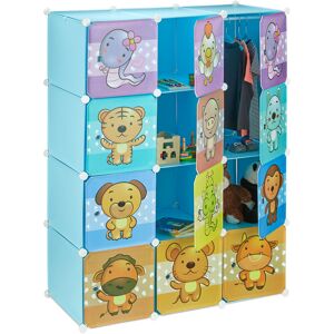 Tagère rangement enfants casier modulable plastique animaux penderie armoire portes tringle, bleu - Relaxdays - Publicité