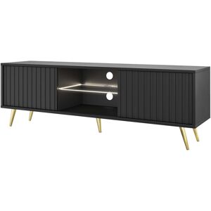 Bello - Meuble TV avec façades à lamelles - 135 cm - noir avec pieds dorés