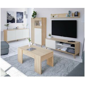 TMM Séjour complet Blanc/Chêne - SAG - Meuble Tv : L 135 x l 40 x H 50 cm Table basse : L 100 x l 50 x H 43/54 cm Vitrine : L 77 x l 33 x H 142 cm Buffet - Publicité