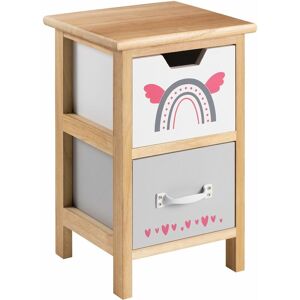 Idimex Table de chevet enfant esta petite commode en bois de paulownia naturel, 2 tiroirs gris et blanc aux motifs arc-en-ciel - Blanc, Gris, Naturel - Publicité