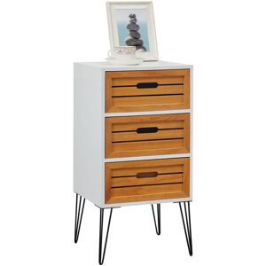Idimex Table de chevet estoril meuble de nuit avec 3 tiroirs de coloris blanc et bois naturel avec pieds épingle en métal noir - Blanc - Publicité