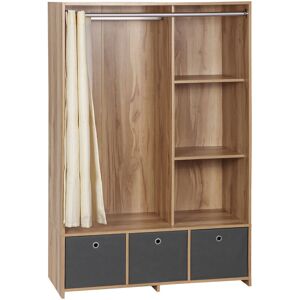 HOMCOM Vestiaire d'entrée - barre de penderie, 3 niches, 3 tiroirs tissu, rideau - panneaux aspect chêne clair polyester gris lin beige - Beige - Publicité