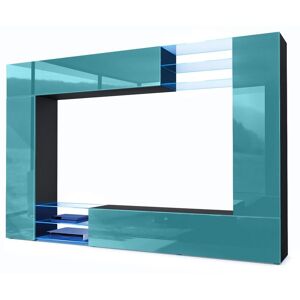 Vladon - Combinaison murale meuble salon Mirage en Noir mat - haute brillance - Façades en Turquoise haute brillance avec éclairage led - Façades en - Publicité