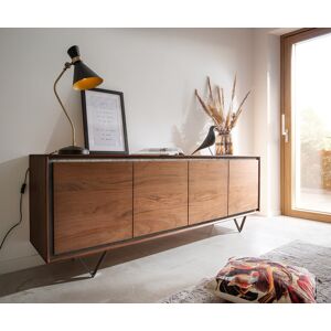 Buffet Stonegrace 200 cm acacia marron plaqué pierre 4 portes pied en V noir