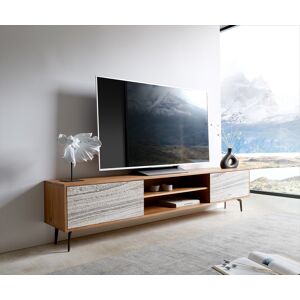 Meuble-TV Kleo 200 cm acacia naturel 2 portes pied équerre métal noir