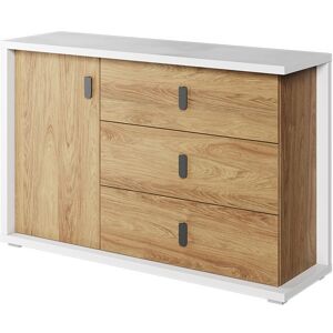 petitechambre.fr MASSI - Grande commode 3 tiroirs et 1 porte largeur 135 cm blanc et chene hickory   Panneaux Stratifies