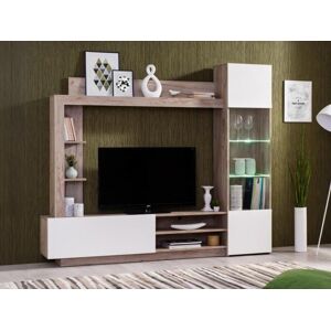 Vente-unique Mur TV ARKALA avec rangements - LEDs - Blanc & Chene