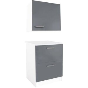 Vente unique Caissons de cuisine 1 meuble bas 1 meuble haut 2 tiroirs 1 porte Gris brillant Blanc TRATTORIA