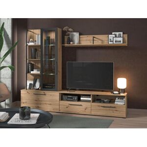 Vente-unique Mur TV DUBLIN avec rangements - Coloris: Chene & noir