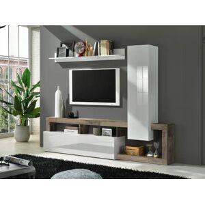 Vente-unique Mur TV avec rangements - Blanc laque et naturel - SEFRO