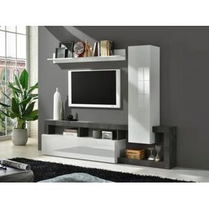 Vente-unique Mur TV avec 2 portes et 3 niches - Blanc laqué et béton - SEFRO