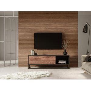 Vente-unique Meuble TV avec 2 tiroirs et 1 niche en bois d'acacia et metal - Naturel fonce et noir - ALYONA