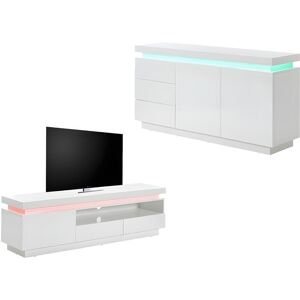 Meuble tv-hifi DUBAI 2 portes battantes 180 cm chêne wotan/blanc brillant  sans led