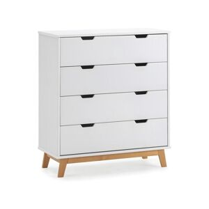 VS Venta-stock Commode Miranda avec 4 tirois en Couleur Blanc, Pieds en Bois Naturel