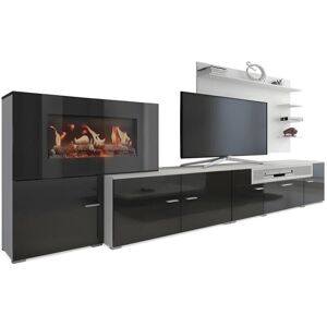 Skraut Home Meuble salon+cheminee electrique,5 niv.de flamme,Blanc Mate/Noir laque,290x170x45