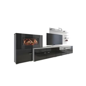 Skraut Home Meuble salon+cheminee electrique,5 niv.de flamme,Blanc Mate/Noir laque,290x170x45