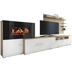 Skraut Home Meuble salon+cheminee electrique,5 niv.de flamme,Blanc mat/chene clair brosse,290x170x45