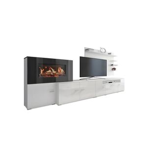 Skraut Home Meuble salon+cheminee electrique,5 niv.de flamme,Blanc Mat/Laque Blanc Brillant,290x170x45