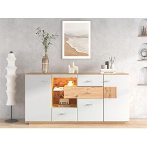 ModernLuxe Buffet bas avec LED - 2 portes et 4 tiroirs - style contemporain - Blanc & Naturel