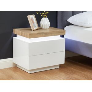 Vente-unique Lot de 2 tables de chevet - 2 tiroirs - MDF Laque - Avec LEDs - Coloris : Blanc et chene - HALO II