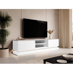 Meuble TV 2 tiroirs et 2 niches avec LEDs en MDF Blanc brillant et Effet marbre blanc DEVIKA de Pascal MORABITO