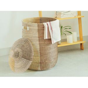 Vente uniquecom Panier en jonc de mer avec couvercle D 39 x H 71 cm Naturel jaune et blanc JALIO