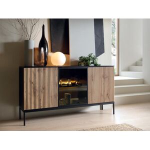 Vente-unique Buffet 3 portes avec LEDs en MDF et verre fume - Noir et Naturel - OVILA