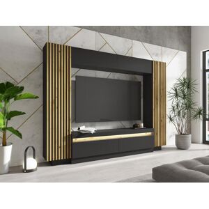 Vente-unique Mur TV avec rangements - LEDs - Noir et Naturel - LIONEA