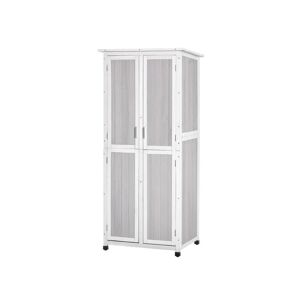 Outsunny Abri de jardin armoire de jardin sur pied dim. 77L x 58l x 175H cm 2 etageres 2 portes 3 crochets toit bitume etanche bois pin pre-huile gris blanc